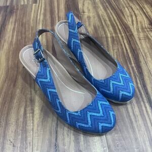 Vionic Womens 9 Coralina Blue Chevron Espadrille Supportive Wedge Slingback Shoe